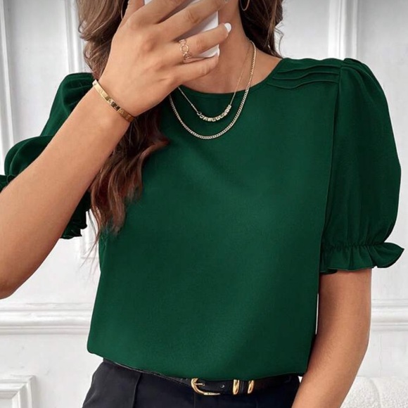 SHEIN Tops - SHEIN Dark Green Puff Sleeve Blouse